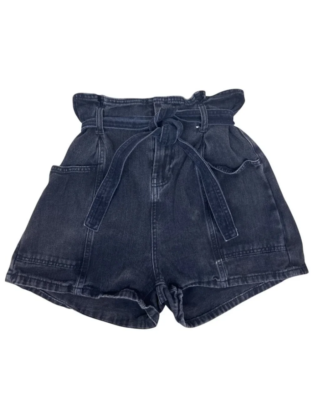 Denim & Co High Waisted Paperbag Shorts Sz 10 Black Denim Tie Waist Casual Chic